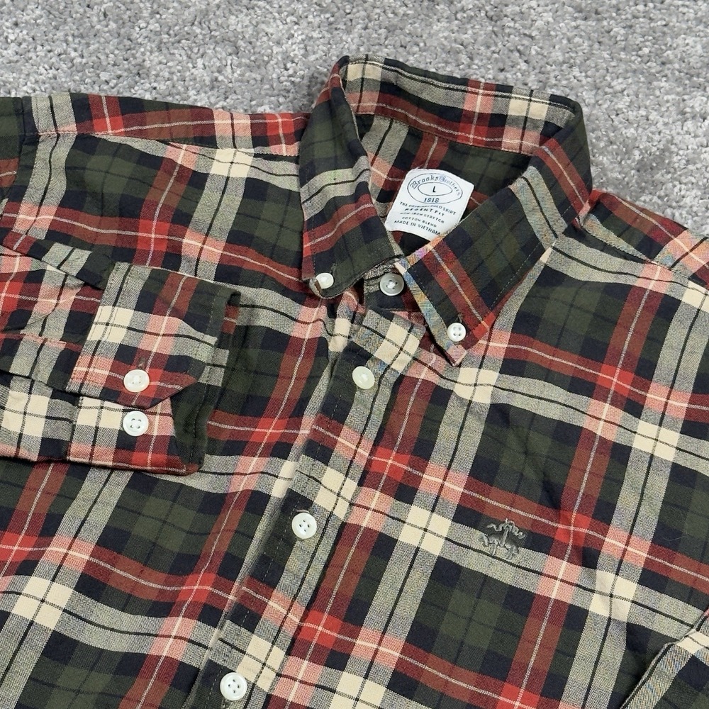 Brooks Brothers Men Large Shirt Plaid Long Sleeve Button Non Iron Stretch Regent